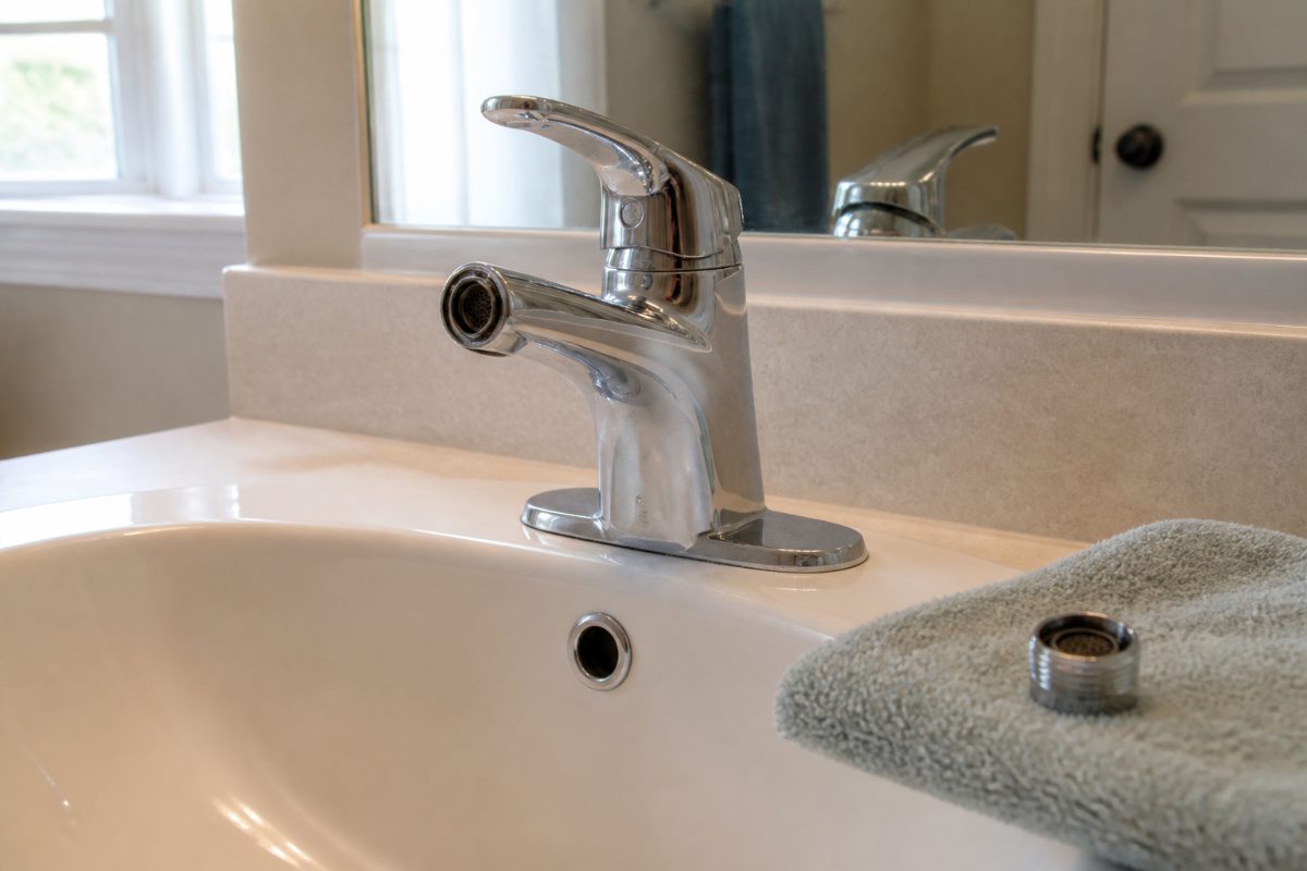 A bathroom faucet and its removable outlet tip beside the sink.