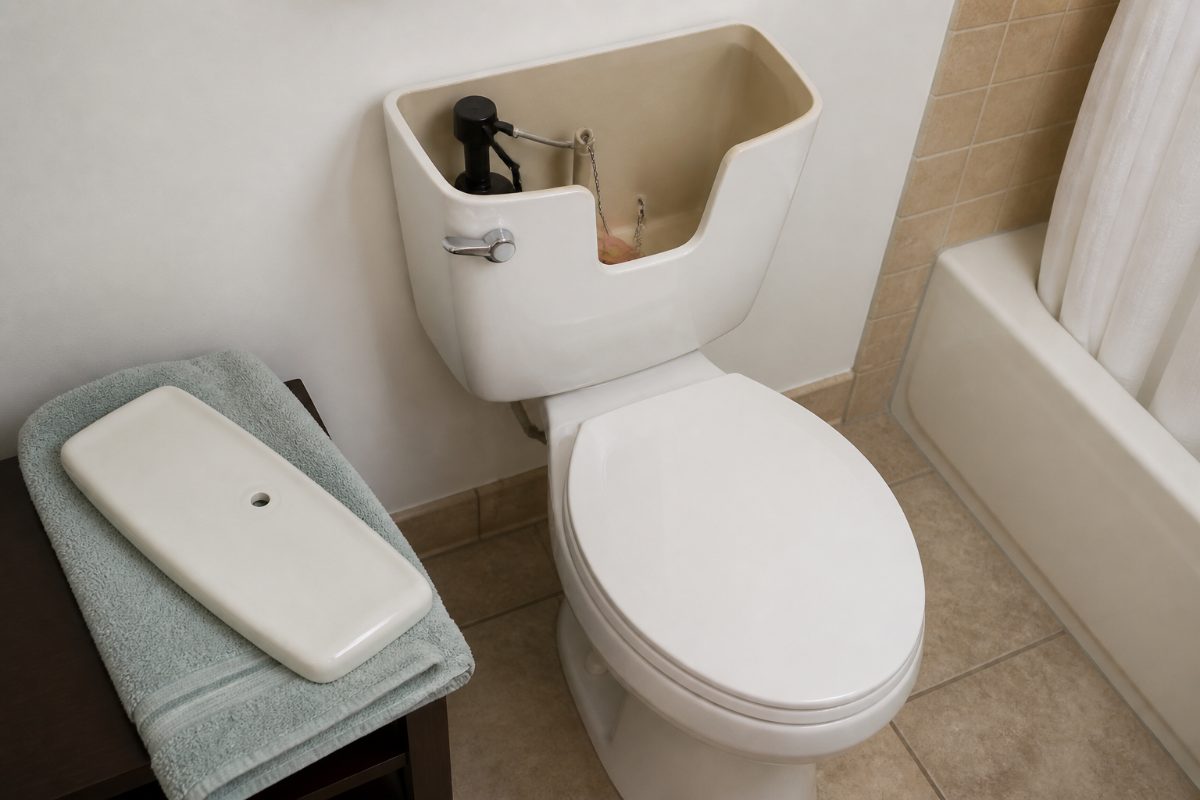 An open toilet tank showing the flapper and chain.