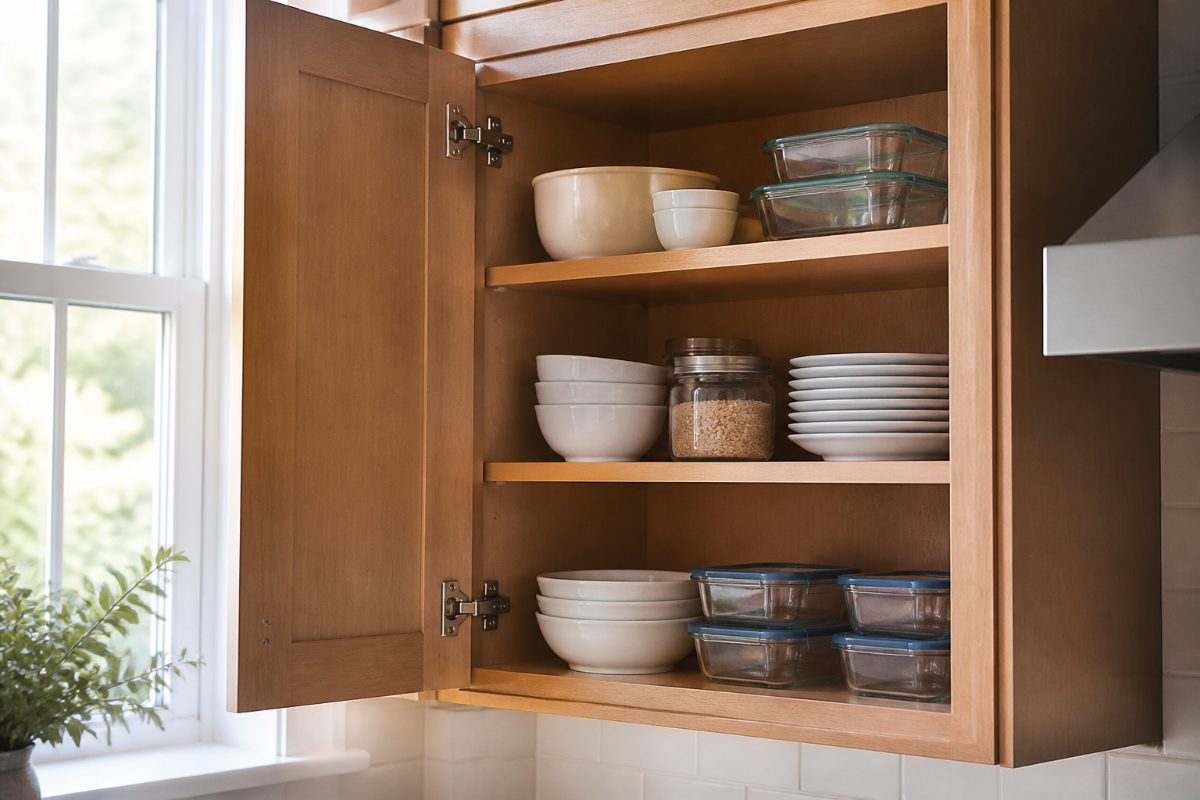 An open kitchen cabinet with its contents clear of the door.