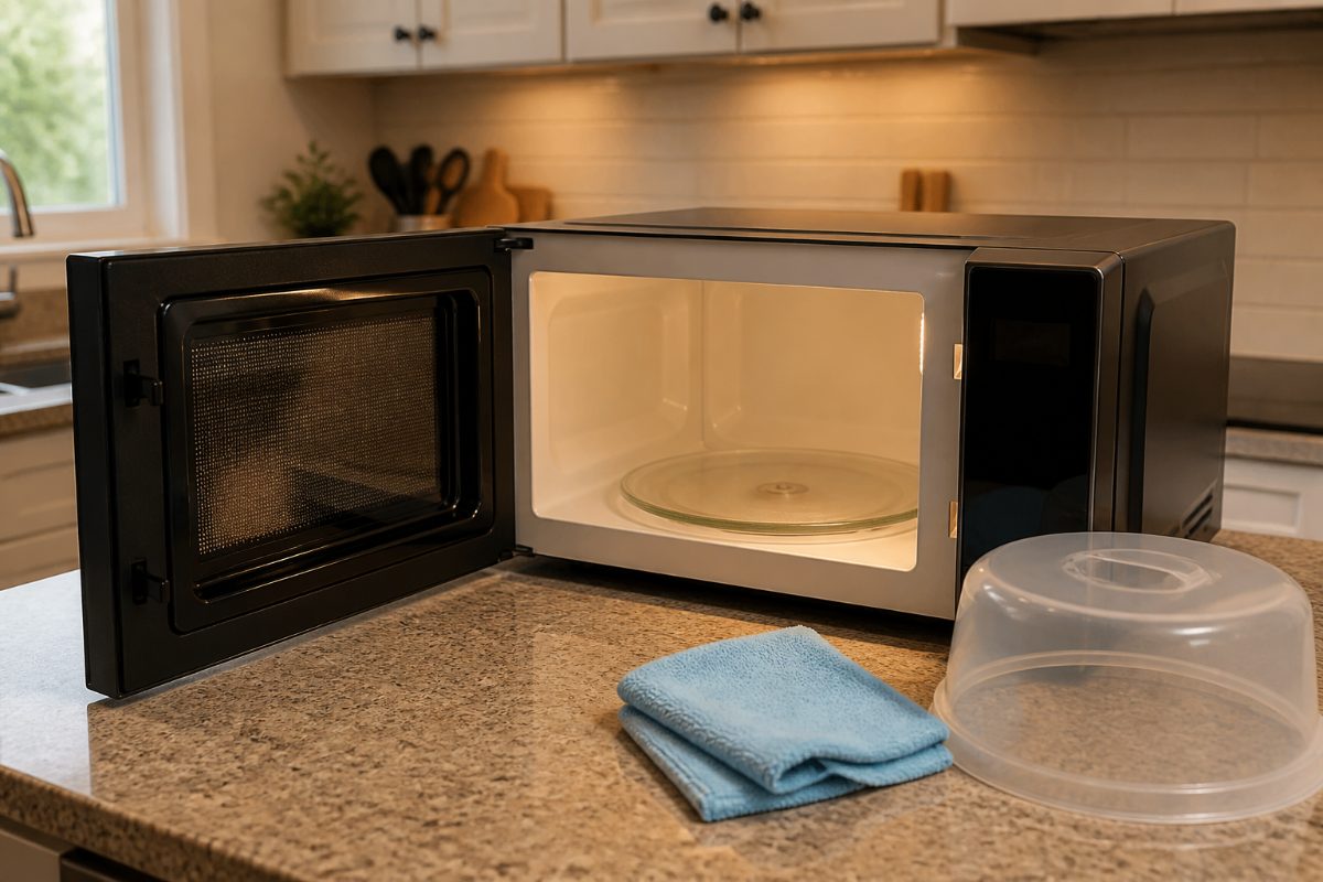 An open microwave with a cleaning cloth and food cover nearby.