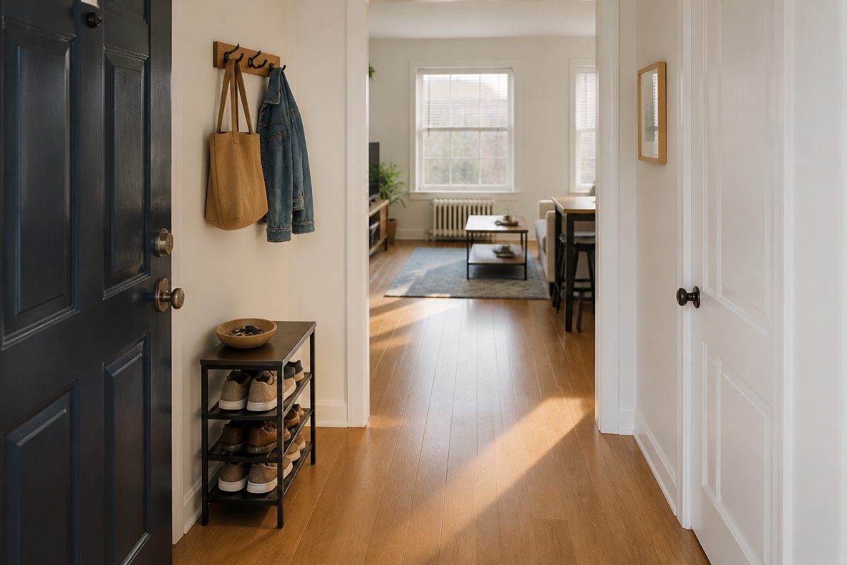 An organized apartment entryway with designated spots for shoes, a bag, and keys.