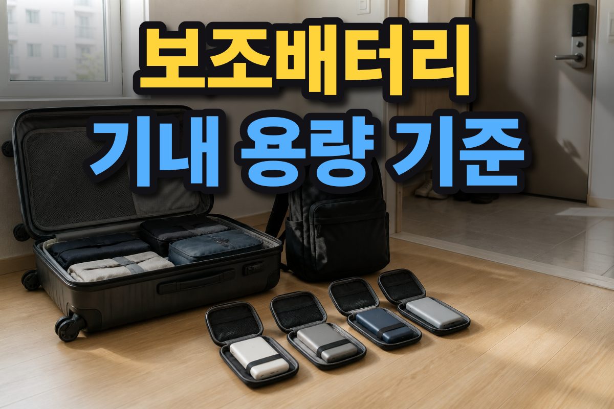한국 가정의 현관 옆에서 휴대용 보조배터리와 여행 가방을 출발 전 점검하는 모습