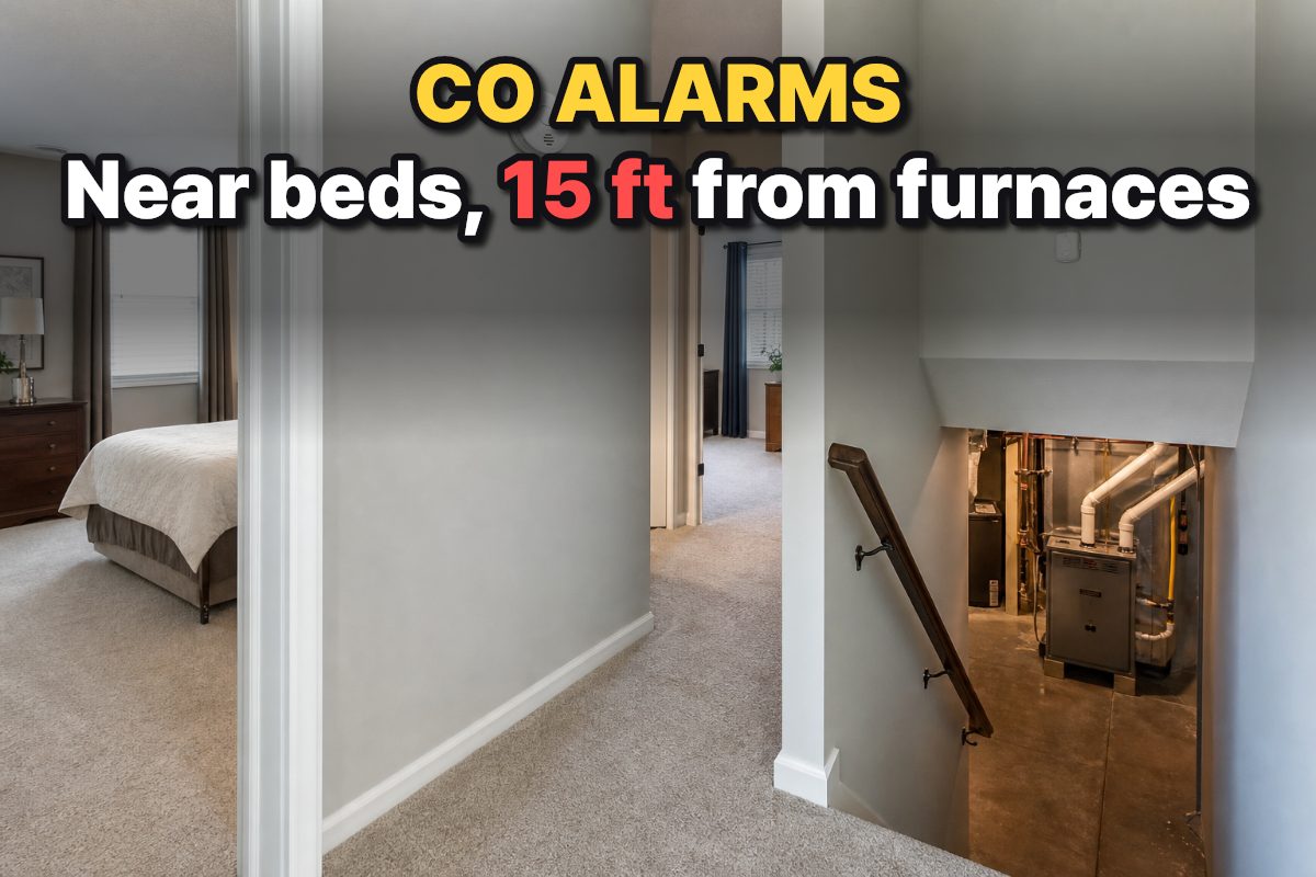A wall-mounted carbon monoxide alarm outside bedroom doors, with a separate alarm location in the basement near but not beside a gas furnace.