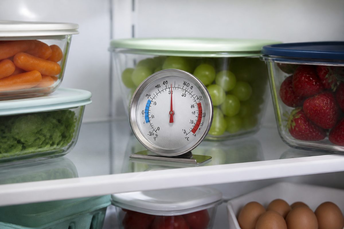 An appliance thermometer on a refrigerator shelf.