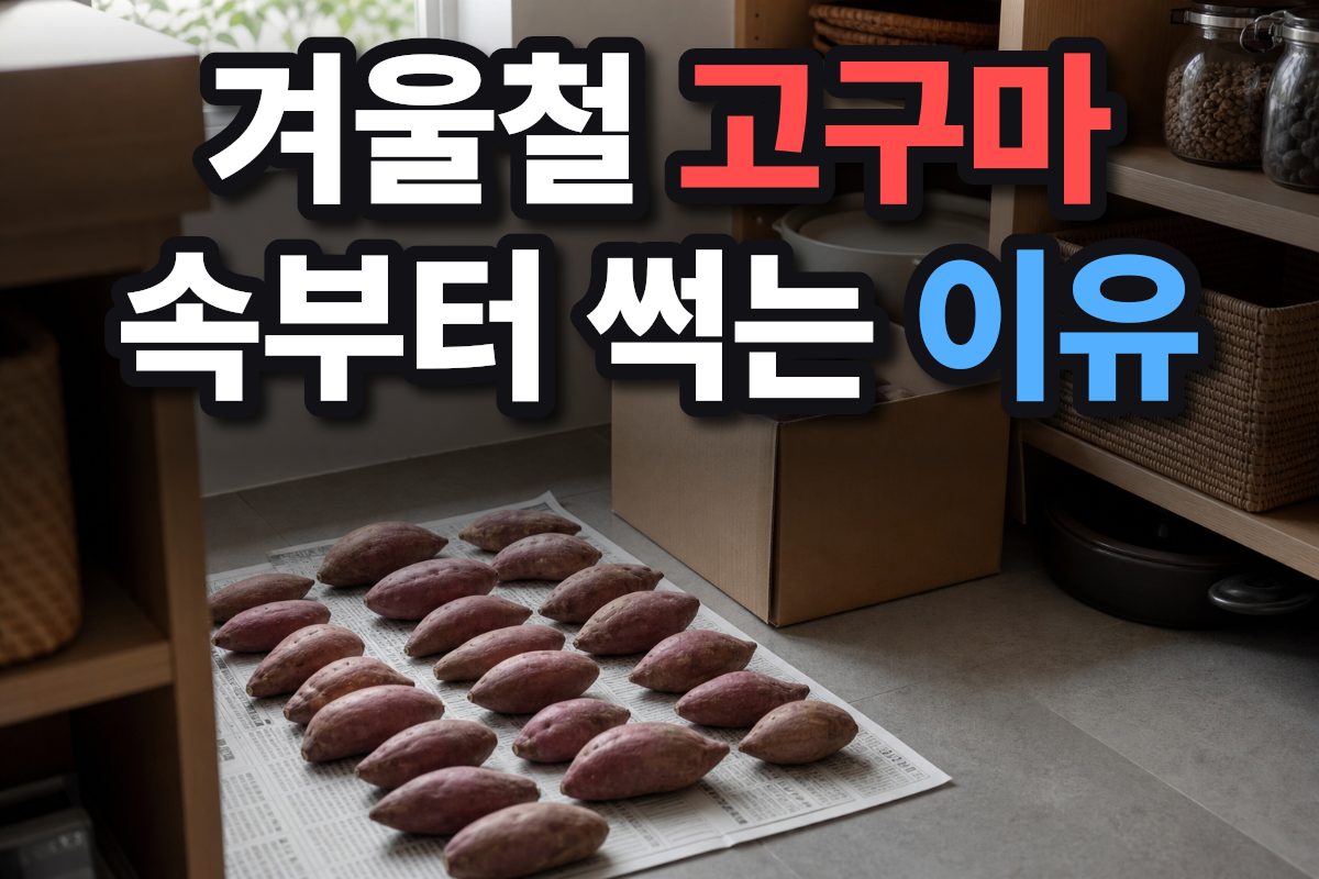 신문지 위에 펼쳐져 건조되는 신선한 고구마와 보관 상자
