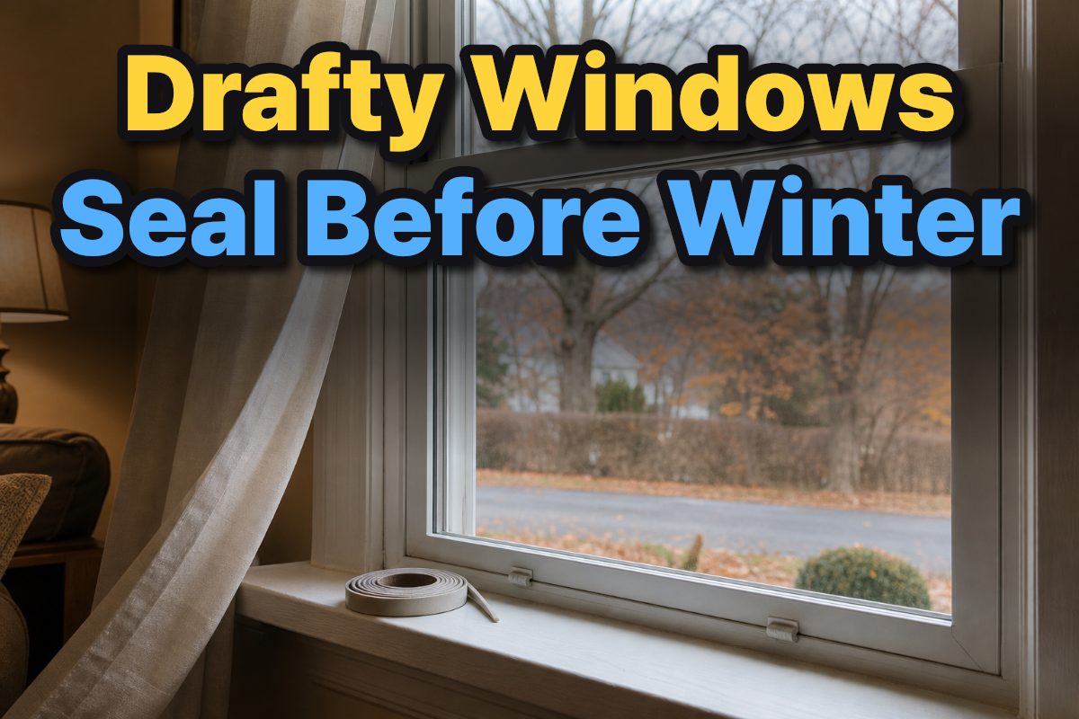 A drafty double-hung window in a U.S. home with a curtain shifting slightly and weatherstripping on the sill.