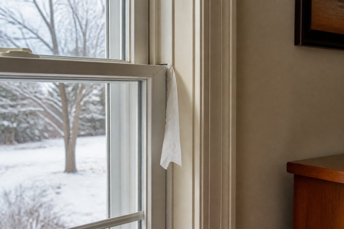 A strip of lightweight tissue near a window seam helps reveal where air may be leaking.
