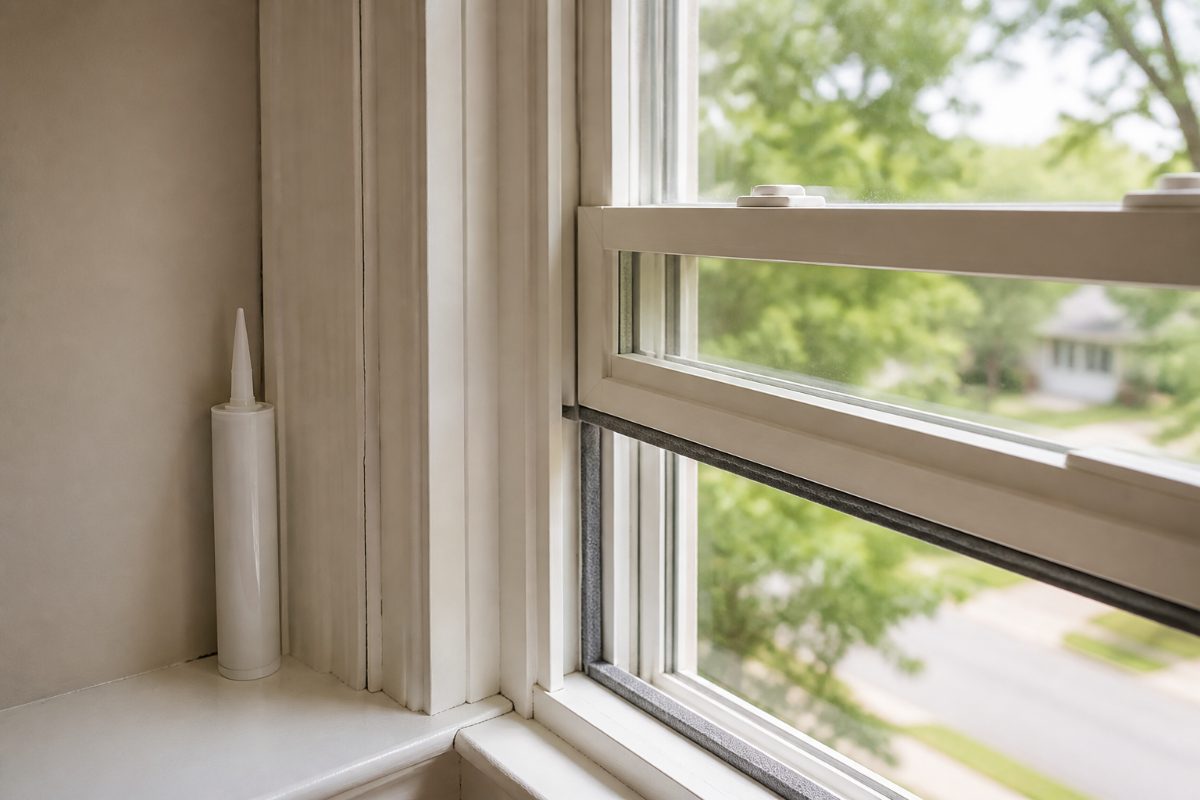 A caulk tube beside a fixed window-trim gap and weatherstripping along a movable sash.