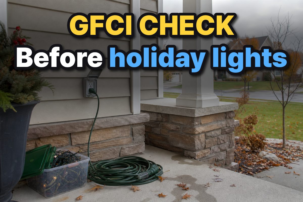 An outdoor outlet and holiday light supplies on the porch of a suburban home.