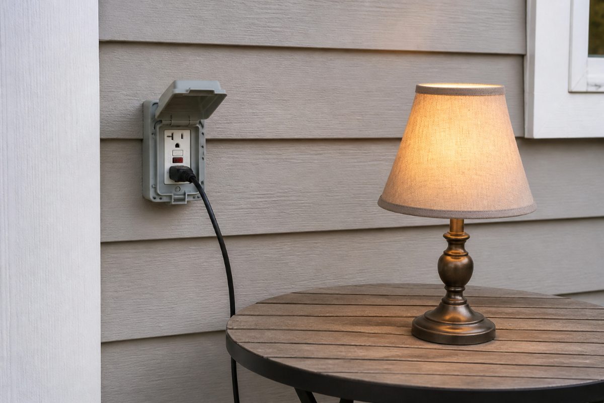 A lamp plugged into an outdoor GFCI outlet before a button test.