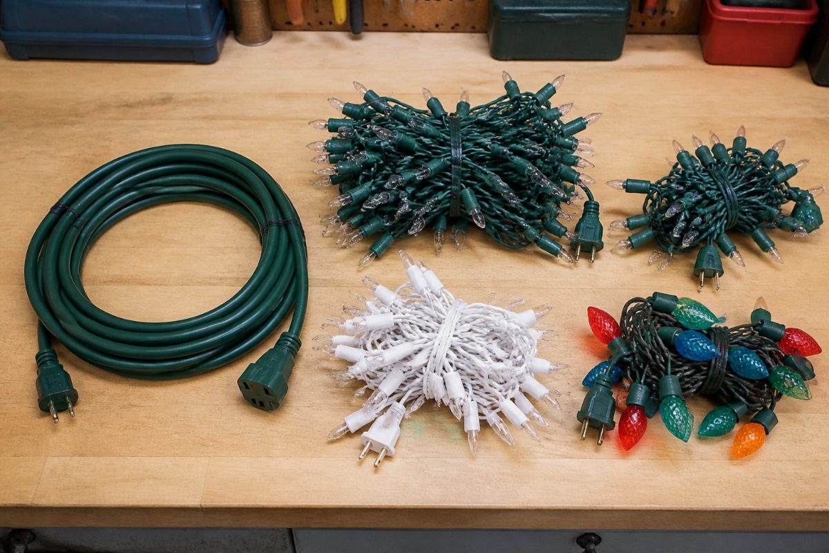 Holiday light strings and an extension cord arranged for a pre-season inspection.