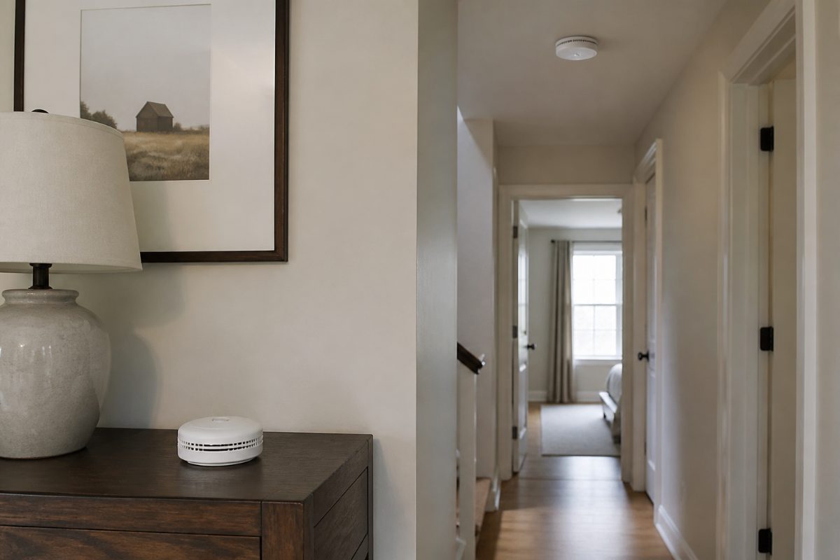 A battery-operated smoke alarm sits on a table beneath another alarm mounted on the hallway ceiling.