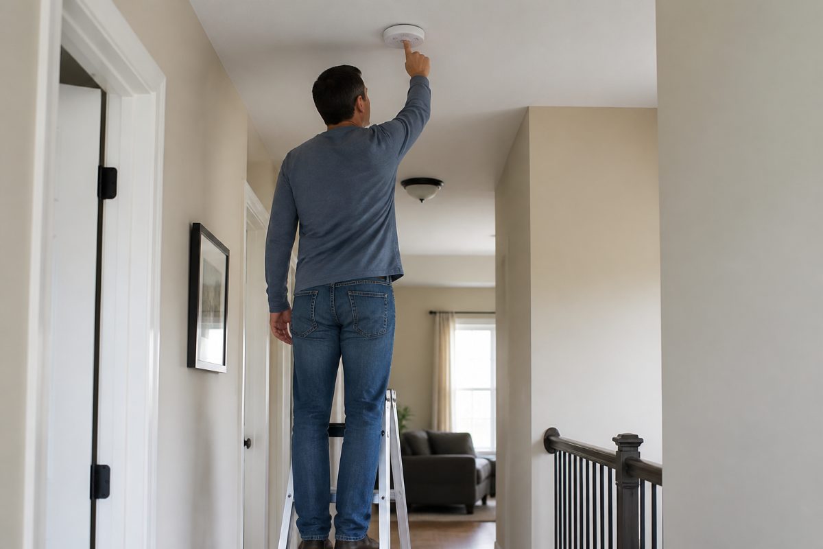 A homeowner on a stable step ladder tests a ceiling-mounted smoke alarm.
