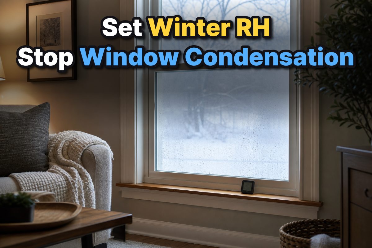 A digital hygrometer sits on a windowsill beside winter condensation on the inside of a home window.