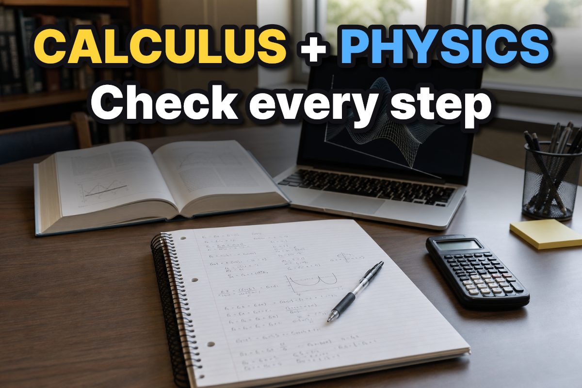 A calculus notebook, physics textbook, calculator, and laptop with a graph arranged on a study desk.