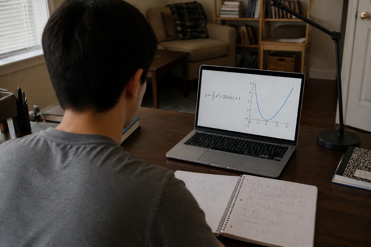 A student compares handwritten calculus work with a graph on a laptop.