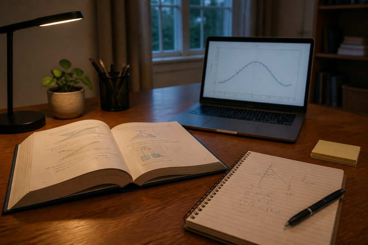 A physics notebook with force diagrams sits beside a textbook and laptop.