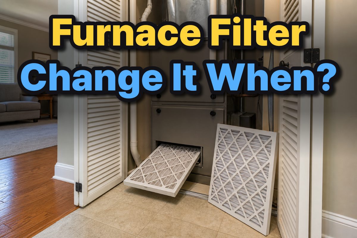 A pleated furnace filter partly removed from a residential furnace during a winter maintenance check.
