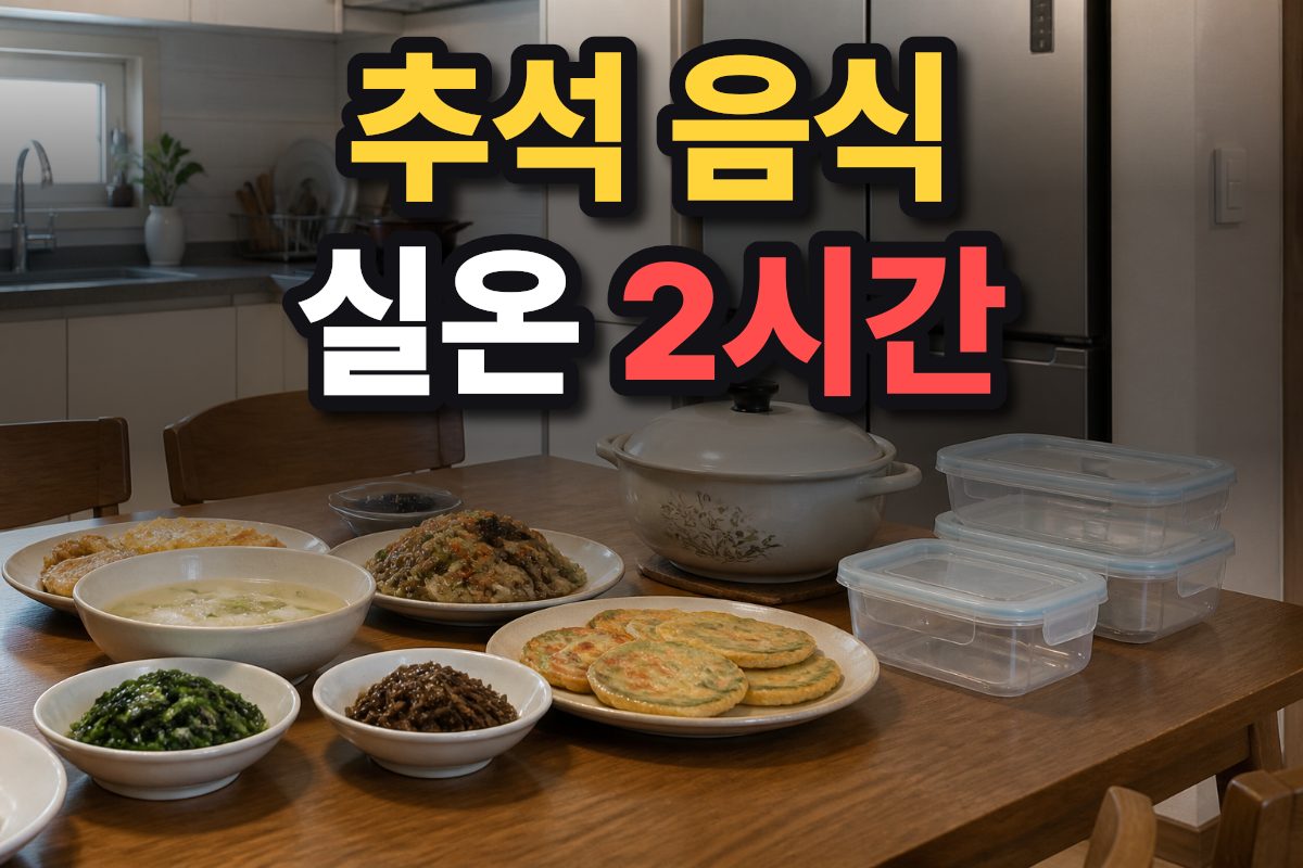 추석 상차림 옆에 남은 음식을 나눠 담을 밀폐 용기가 놓인 한국 가정의 주방