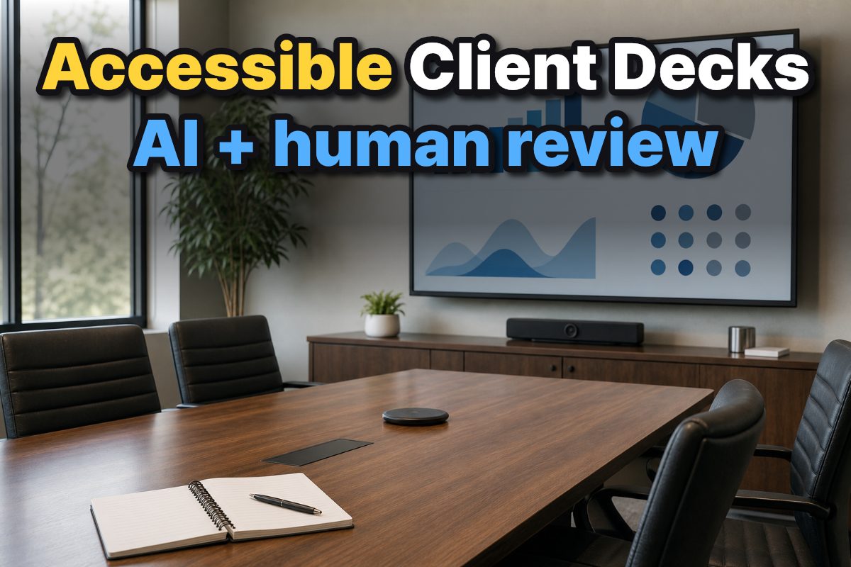 A conference room set up for a year-end client presentation with a monitor displaying simple abstract charts.