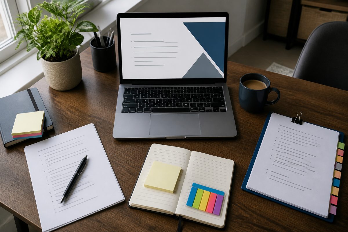 A laptop and working notes arranged for planning a client presentation.