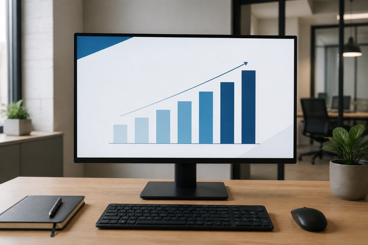 A monitor displays a simple, uncluttered chart layout for reviewing presentation accessibility.