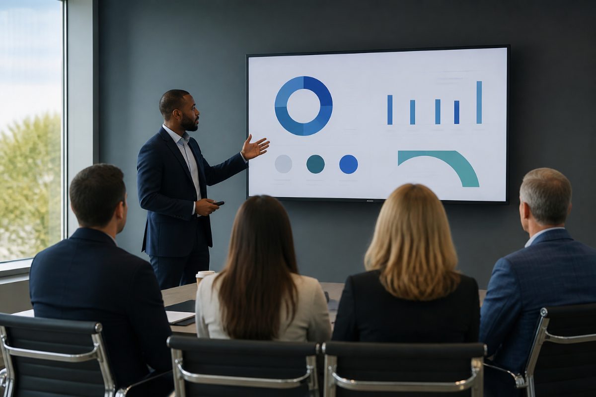 A presenter reviews a simple visual slide with clients in a meeting room.