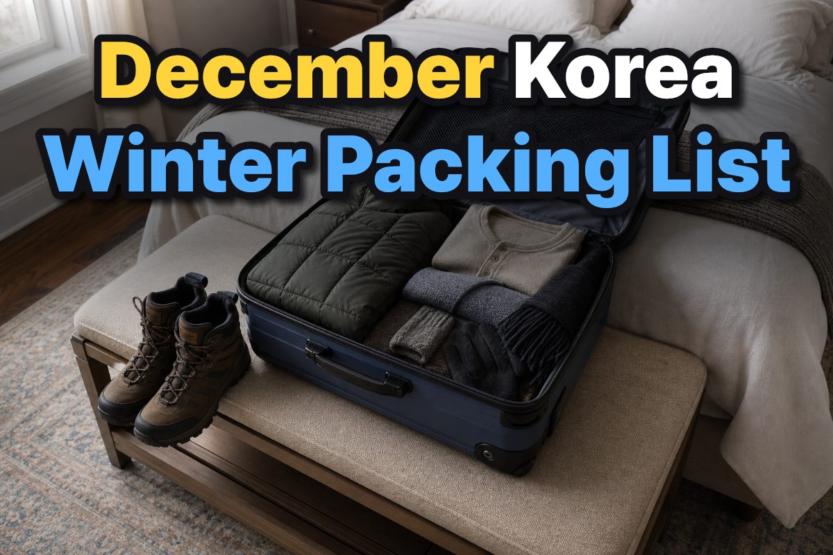 An open suitcase with a winter coat, warm layers, accessories, and walking boots packed for a December trip.