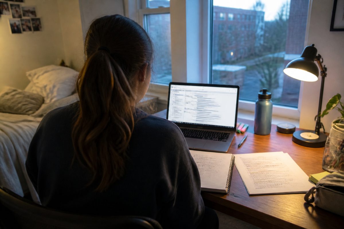 A student reviewing an outline beside printed lecture notes.