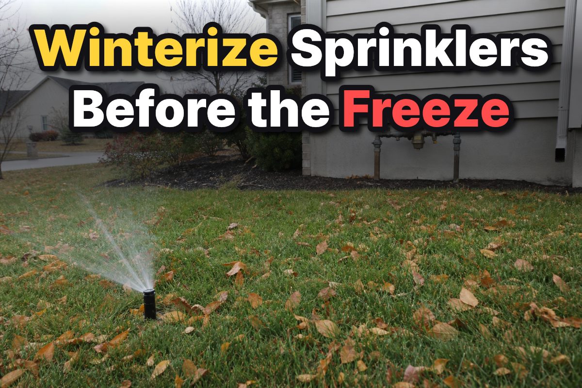 An in-ground sprinkler head and an above-ground backflow preventer beside a suburban home lawn in fall.