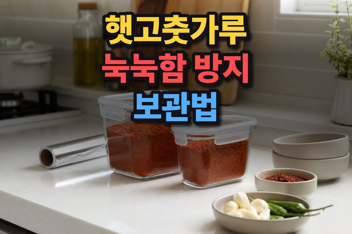 햇고춧가루를 소분하여 밀폐용기와 호일로 정리하는 주방 모습