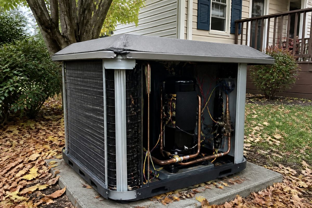 A central AC condenser has open sides and limited top protection beneath a tree.