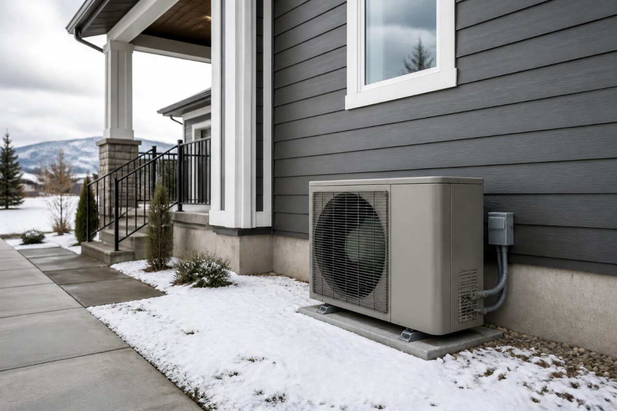An uncovered heat pump remains clear of snow beside a home in winter.