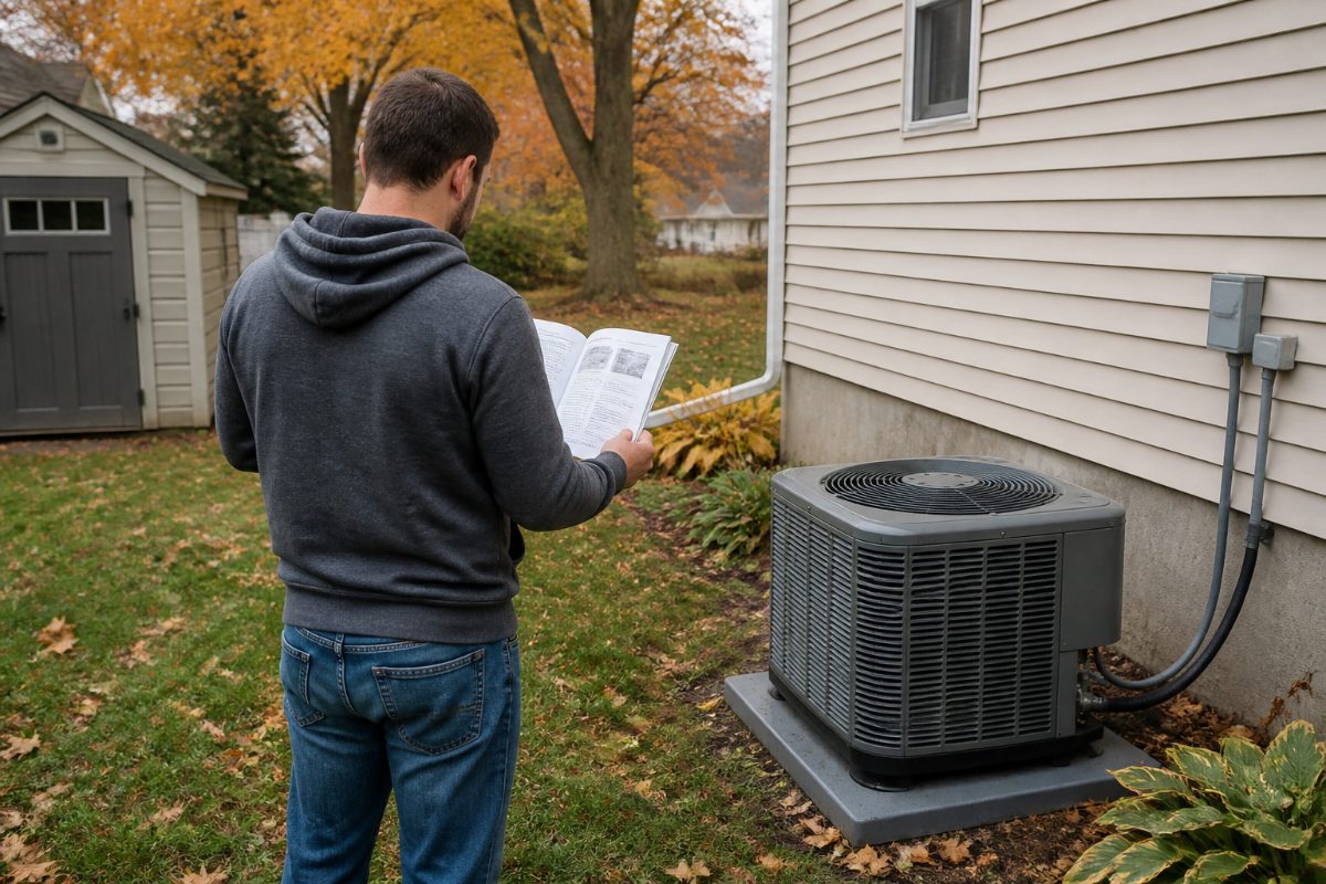 A homeowner checks an HVAC manual beside an uncovered outdoor AC unit.