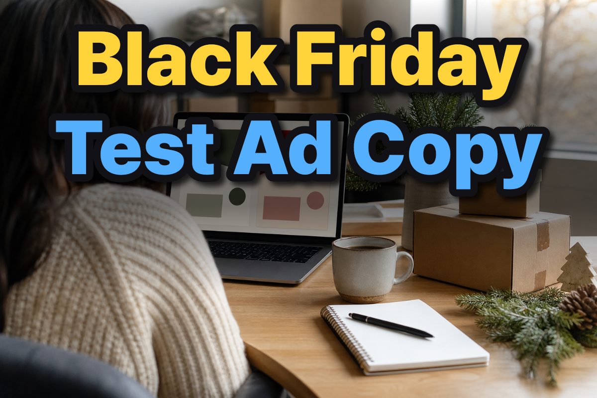 A marketer reviews two generic ad copy drafts beside a laptop and shipping boxes.