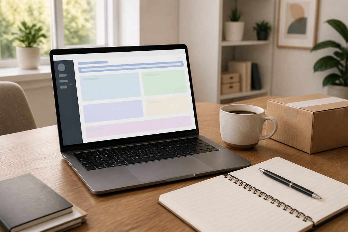 A laptop and notebook represent preparing a clear brief for AI-generated ad variations.