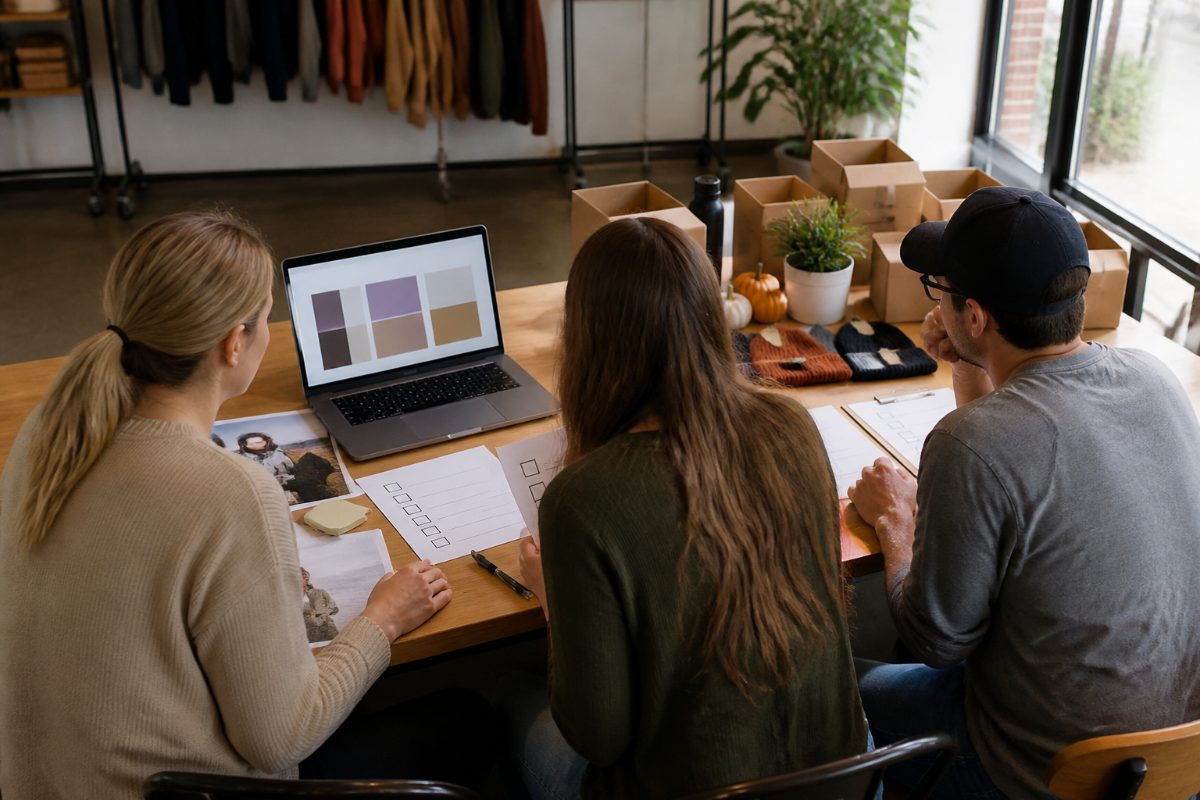 A small retail team reviews ad drafts and a checklist before a holiday campaign.