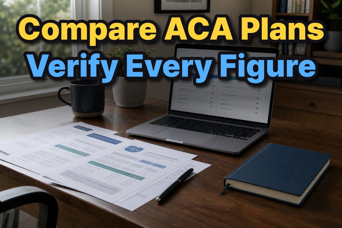 A laptop and printed health plan documents arranged on a home office desk.