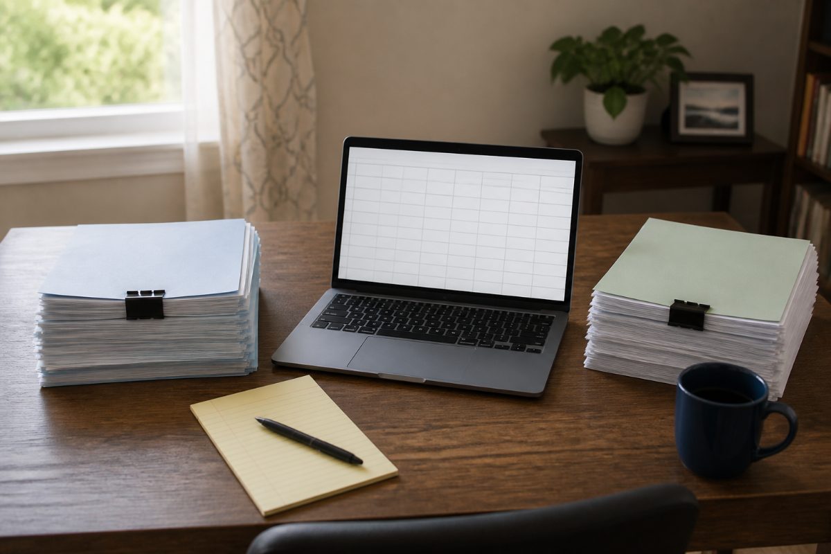 Two stacks of plan documents beside a laptop prepared for comparison.