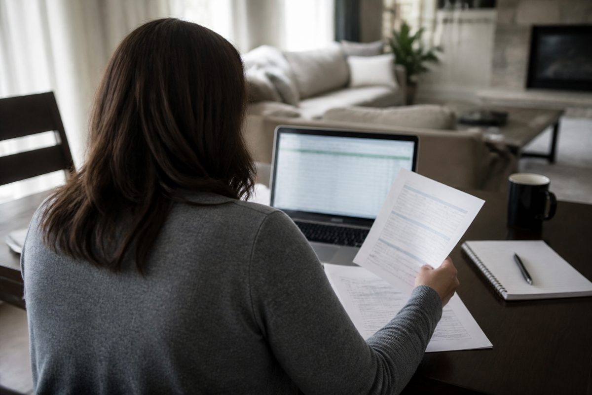 A person checks printed plan documents against a laptop comparison table.