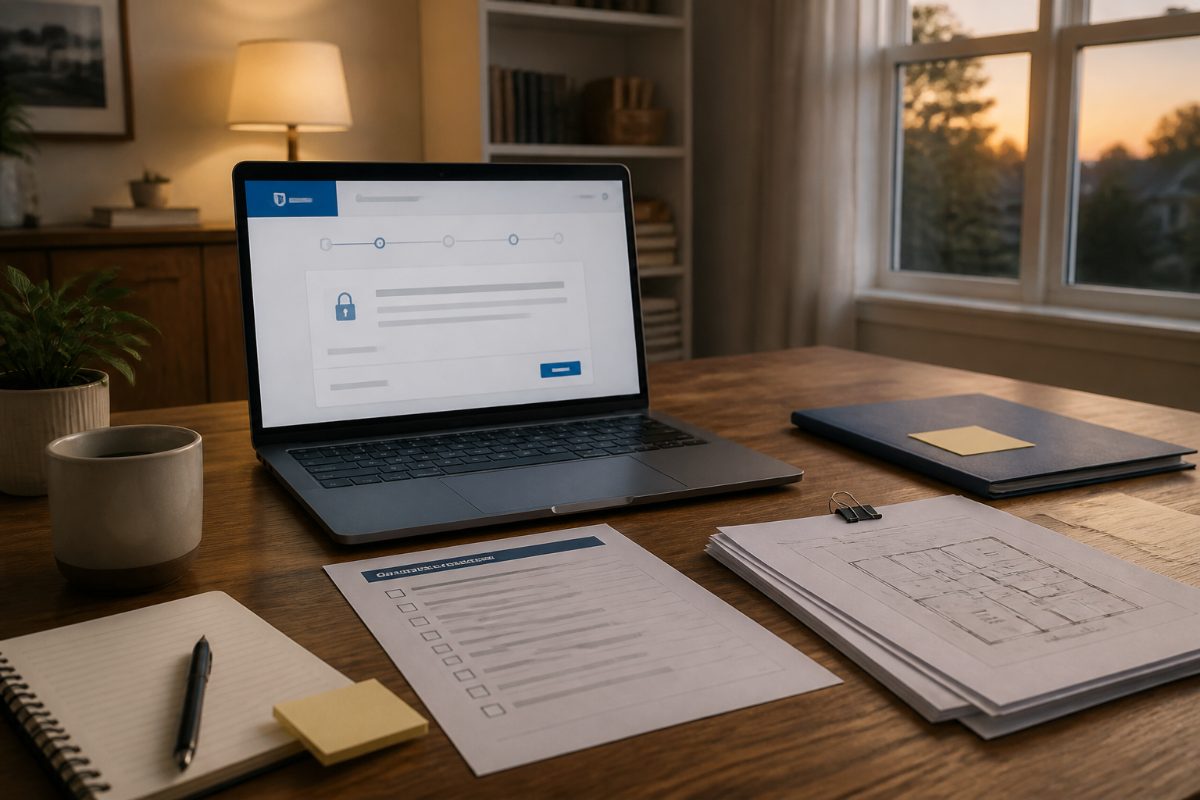 A laptop, checklist, and plan papers ready for an enrollment review.