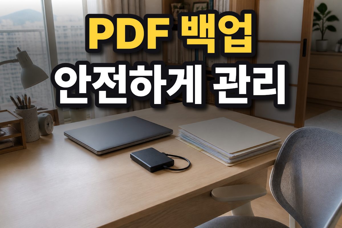 책상 위 노트북과 외장 저장장치, 정리된 연말정산 서류가 놓여 있습니다.