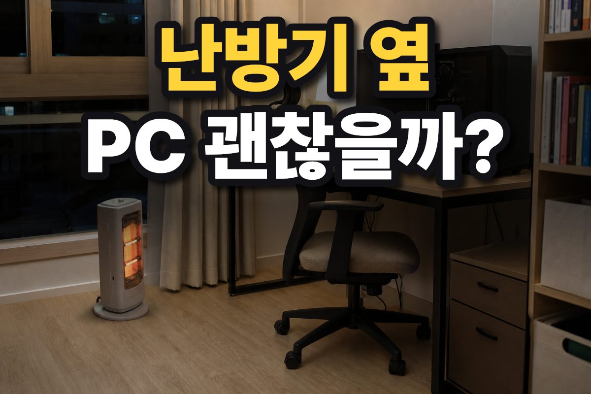 한국 아파트의 작업 공간에서 난방기와 거리를 두고 책상 위에 놓인 PC 본체