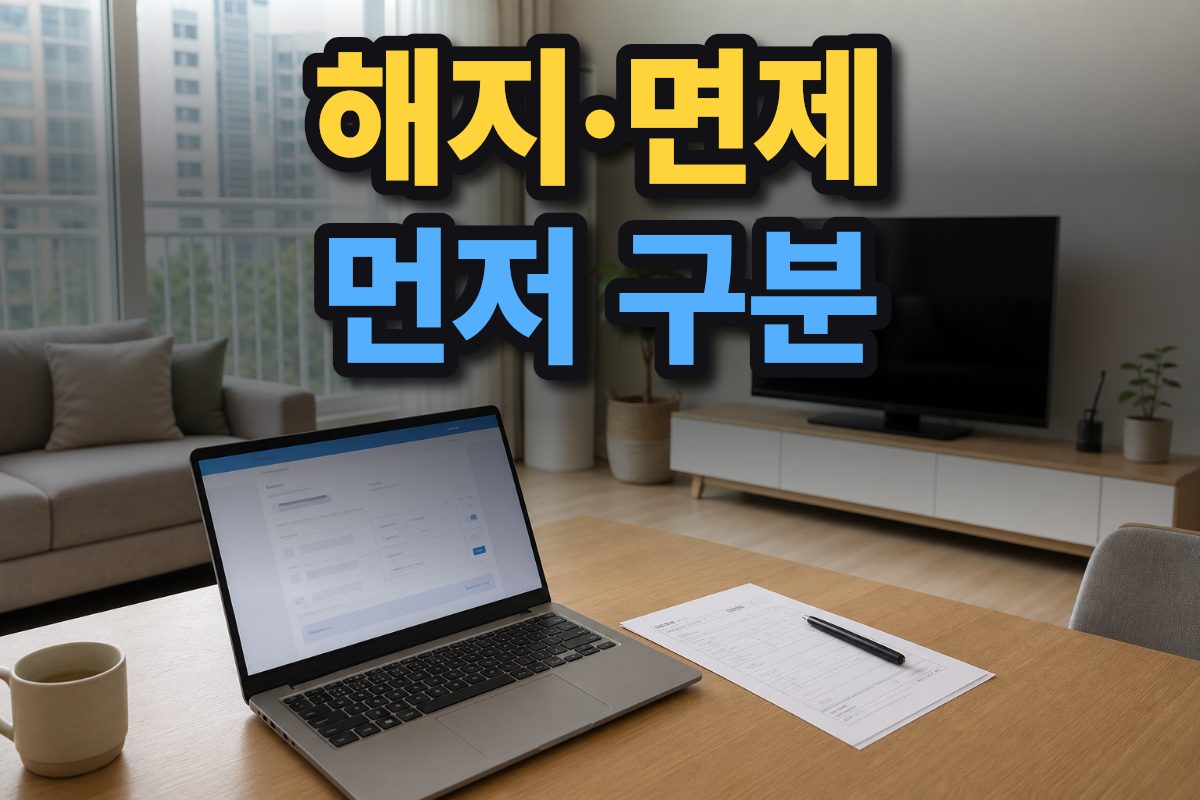 한국 아파트 거실에서 TV와 신청 화면이 열린 노트북, 서류를 함께 보여 줍니다.