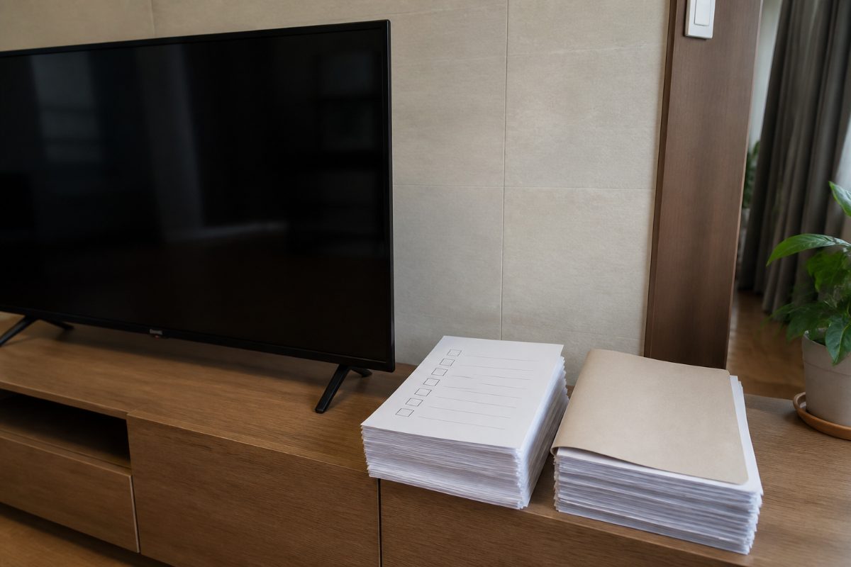 한국 가정의 TV 옆에 변경 신청과 면제 신청을 상징하는 서류가 따로 놓여 있습니다.
