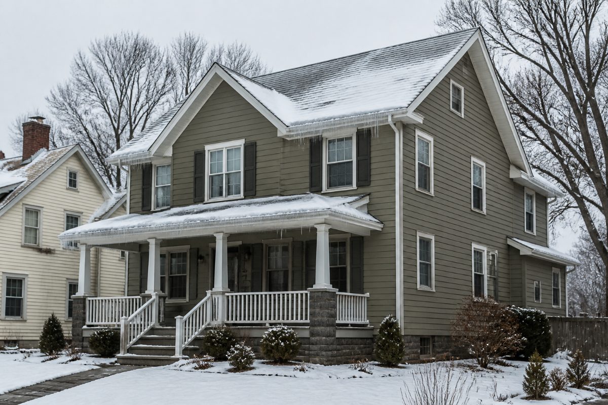 A snow-covered American home has a narrow band of ice and icicles along the roof eaves.