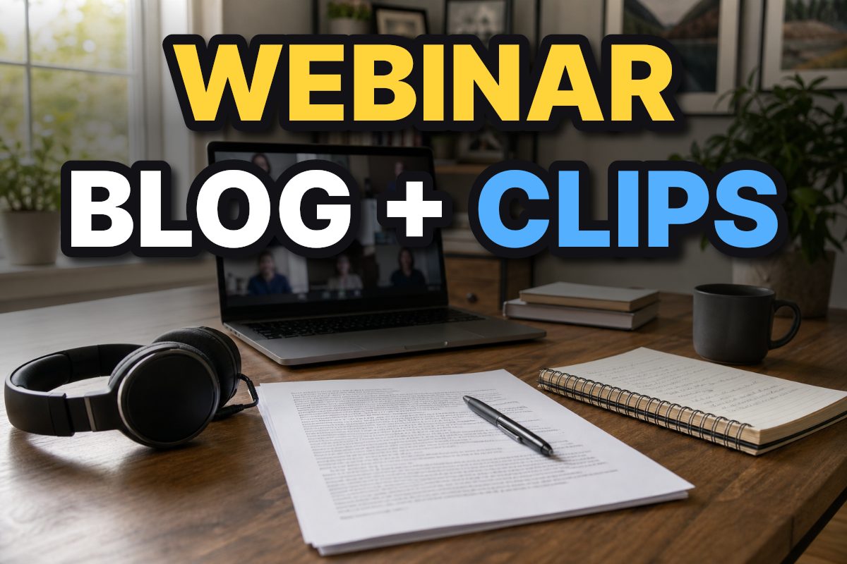 A laptop, webinar transcript, notebook, and headphones arranged on a home office desk.