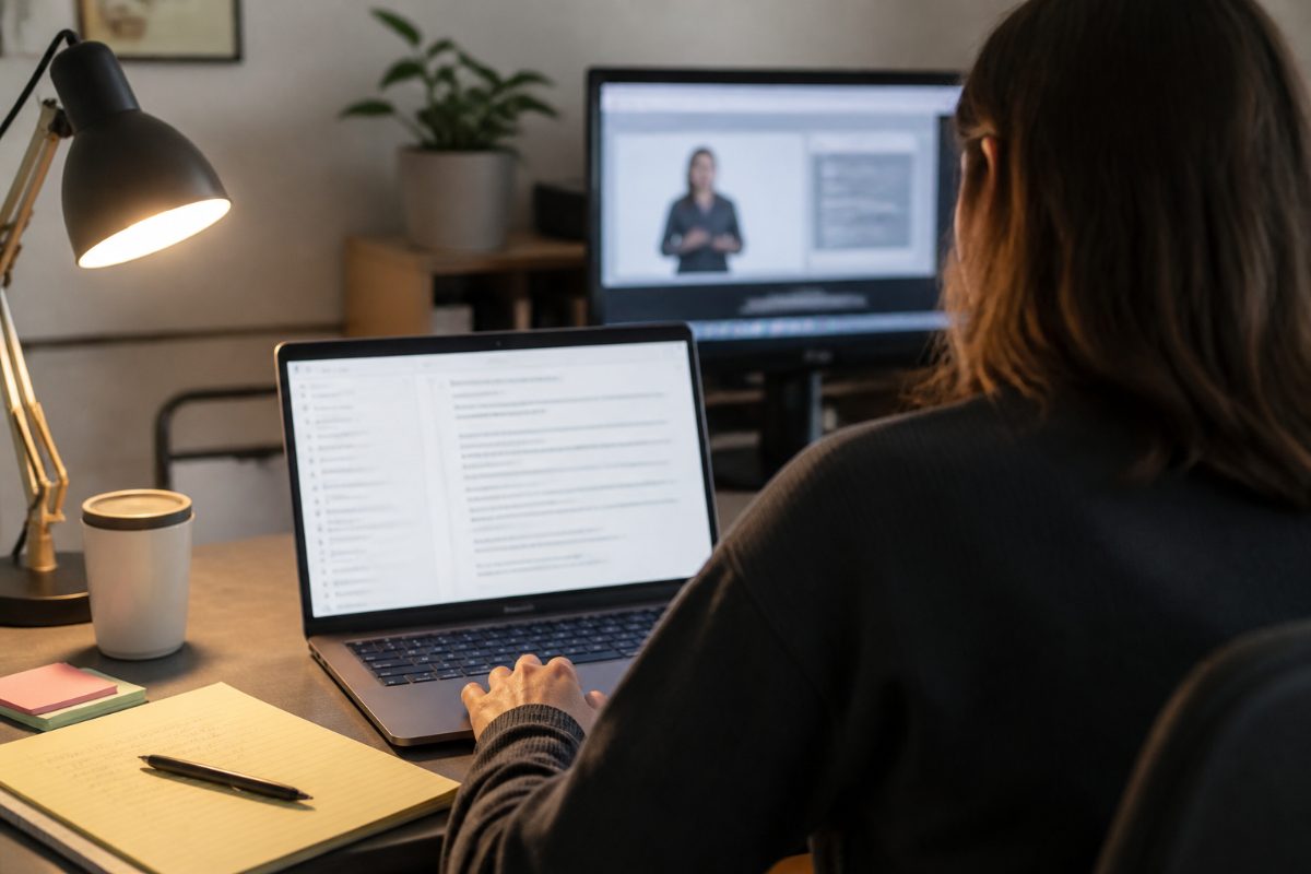 A content editor compares a webinar transcript with its recording on two screens.