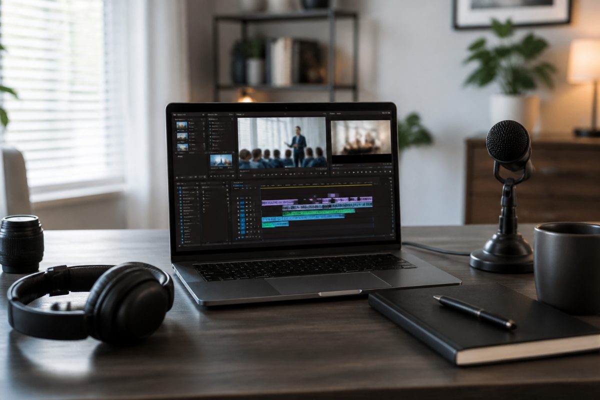A laptop and audio equipment set up for editing short clips from a webinar.