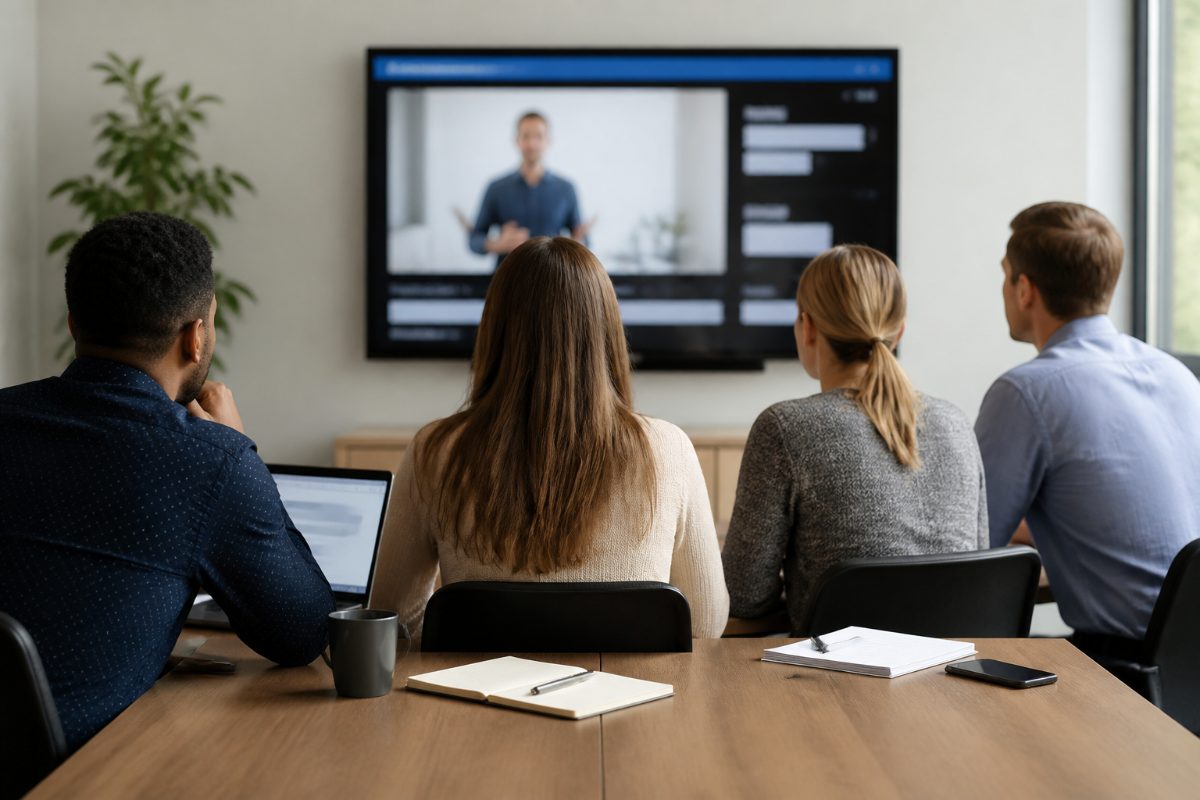 A small team reviews a webinar clip and its captions in a meeting room.